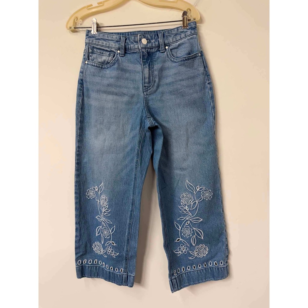 Talbots 2 P Floral Embroidered Eyelet Hem Wide Leg Crop Jeans Blue Denim